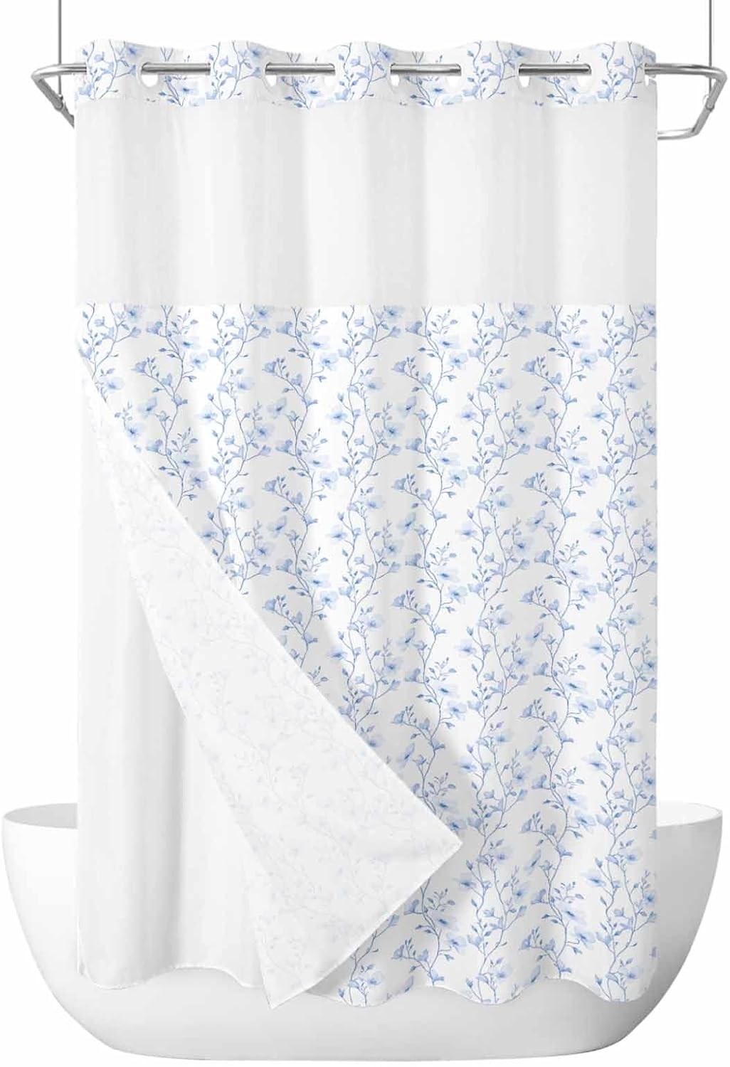 SEVENBABU Blue Floral No Hook Shower Curtain with Snap in Liner Waterproof Fabric Shower Curtain Set for Bathroom Farmhouse Flowers Leaves Plants Shower Curtain with See Through Top Window 36"x78"