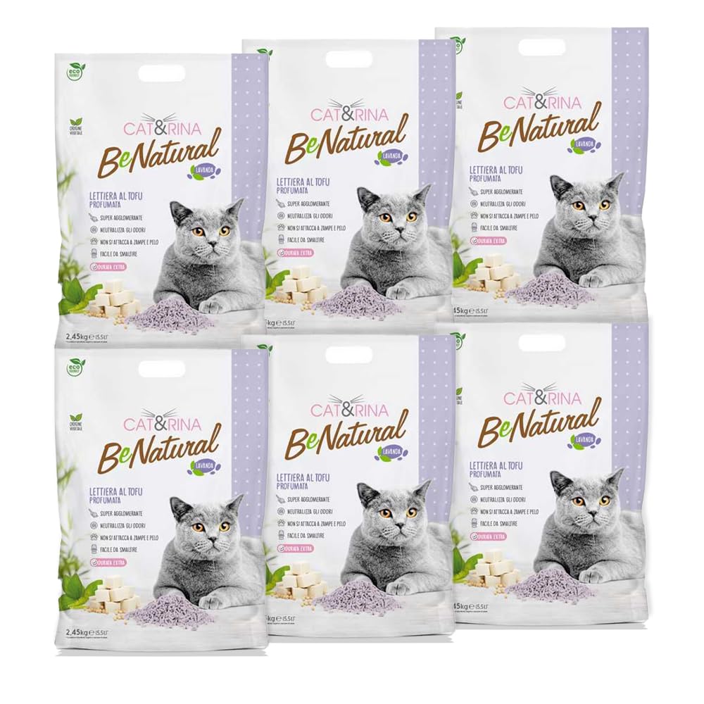 Cat&Rina BeNatural, lettiera per gatti al tofu da 5,5l Agglomerante e Vegetale. Fino a 30 giorni di utilizzo. Si smaltisce nell'organico o nel wc. Sabbia gatti anti odore Lavanda, 6 pezzi
