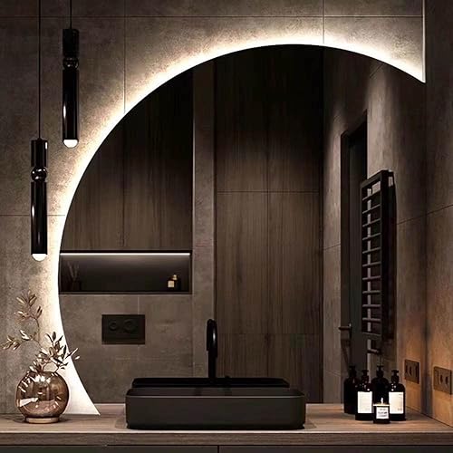 Miniatura 3 de Yu Ru Espejo de pared para baño, espejo de pared semicírculo sin marco para baño, espejo de tocador HD con luces LED regulables de 3 colores, espejo