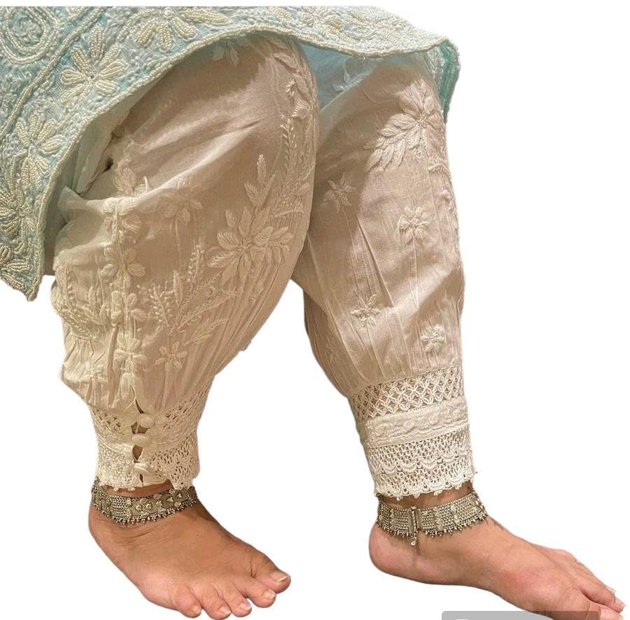 a m chikankari A.M Chikankari Women's White Afghani Chikankari Lycra Pant - Comfortable, Stylish, Afghani Design Pant - White-picture-41