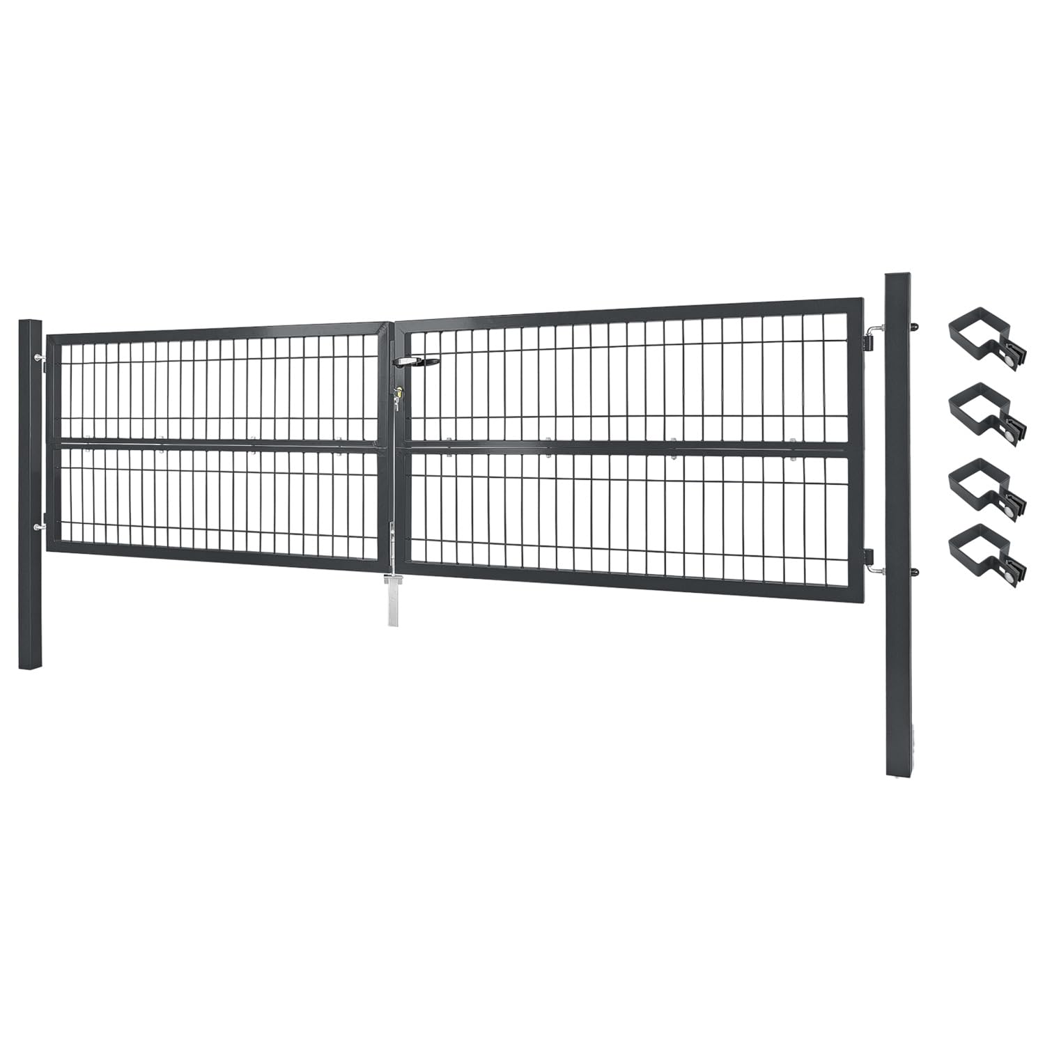 Brama ogrodowa, płot ogrodowy, 300 x 80 cm, dwuskrzydłowe, drzwi ogrodowe z metalu, do ogrodzenia matowego, zamykane, w zestawie słupki, kolor szary