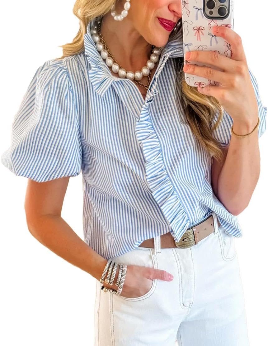 Womens Button Down Shirt Stand Collar Ruffle Top Striped Long Sleeve Shirts Work Tops for Women Trendy