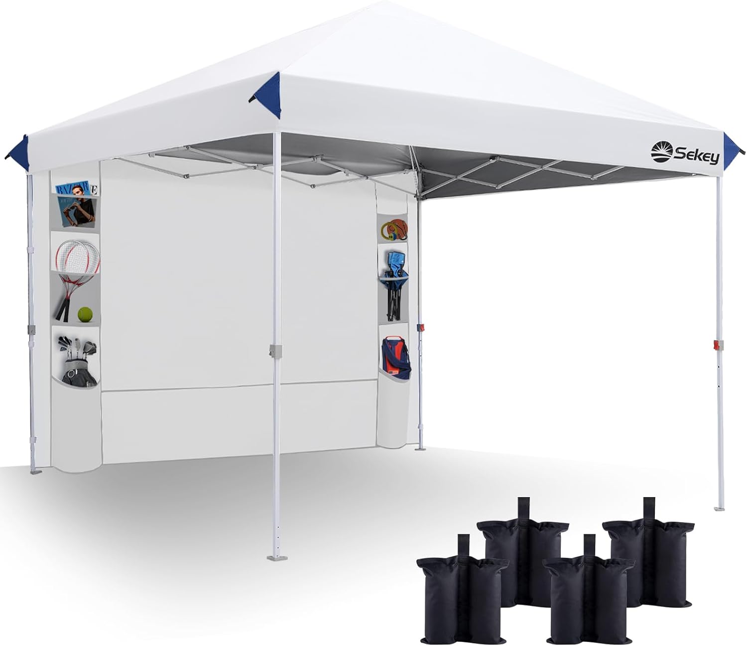 Sekey 10x10 Pop Up Canopy with Pockets Sidewall, One Push Setup Instant Outdoor Gazebo, Instant Easy Up Canopy with UPF50+ Top, 4 Weight Bags for Events, Beach, Patio, Camping Premium White 10x10ft canopy with pockets sidewall