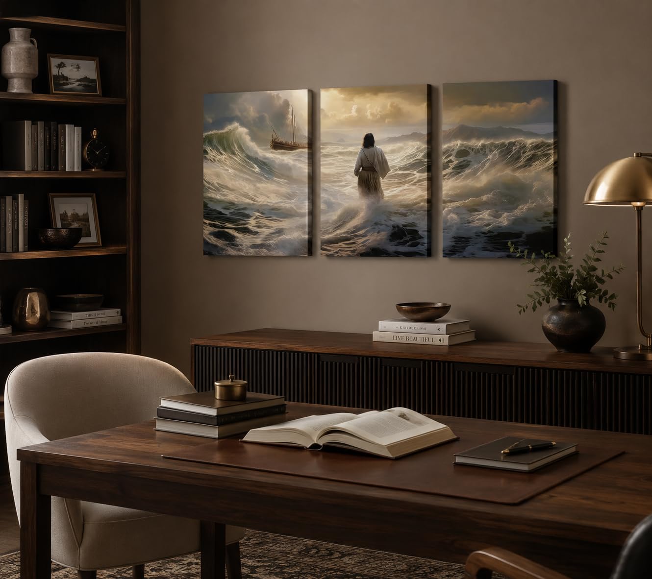 3 lienzos de Jesús caminando sobre el agua, arte de pared con historias bíblicas cristianas, cuadro decorativo para pared, espíritu religioso, fe, póster impreso para sala de estar, dormitorio,