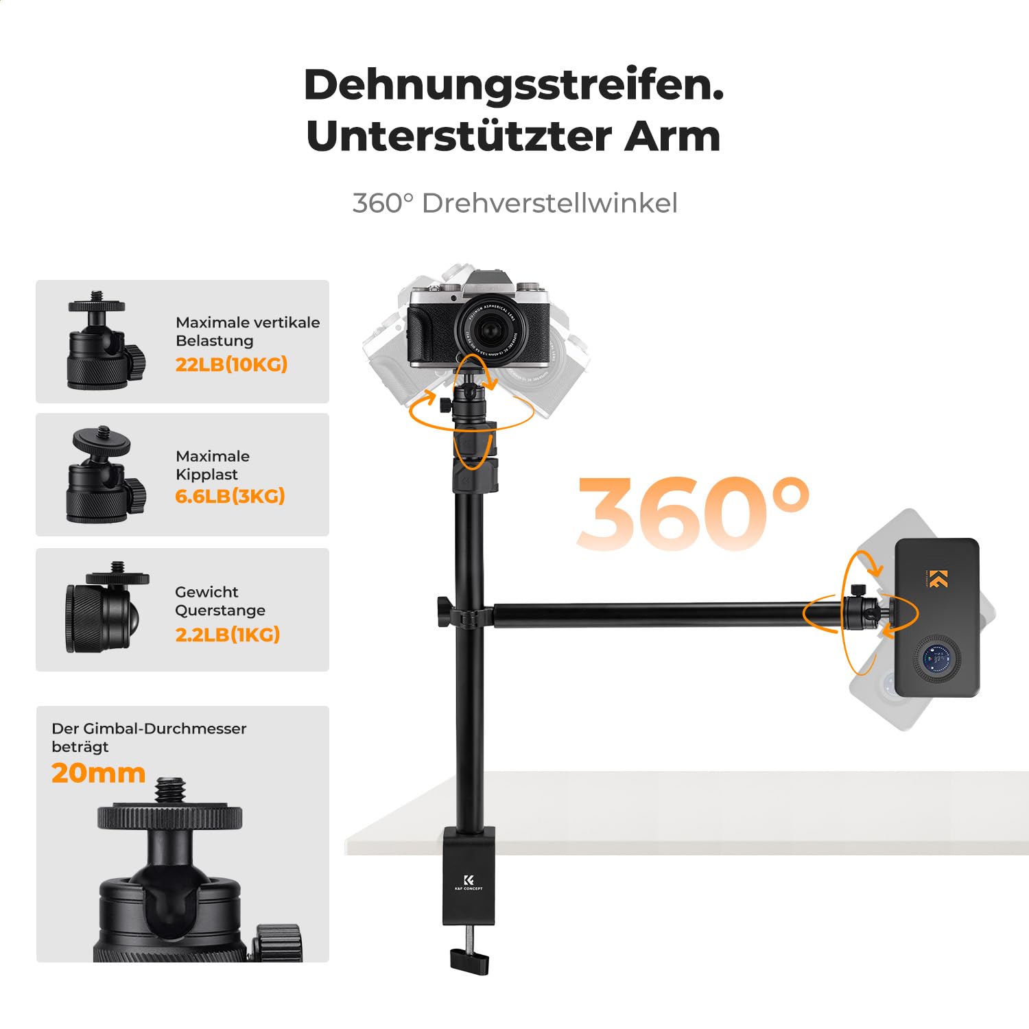 K&F CONCEPT 31-95cm Verstellbar Table Top Lichtstativ mit Boom Arm Last10kg