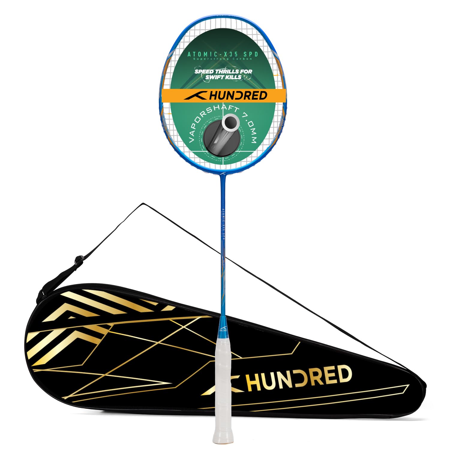 HUNDRED Atomic-X 35 SPD Carbon Fibre Strung Badminton Racket with Full Racket Cover (Navy/Blue) | for Intermediate Players | 80grams | Maximum String Tension - 35lbs (B0BT2SRGM4) Amazon Price History, Amazon Price Tracker