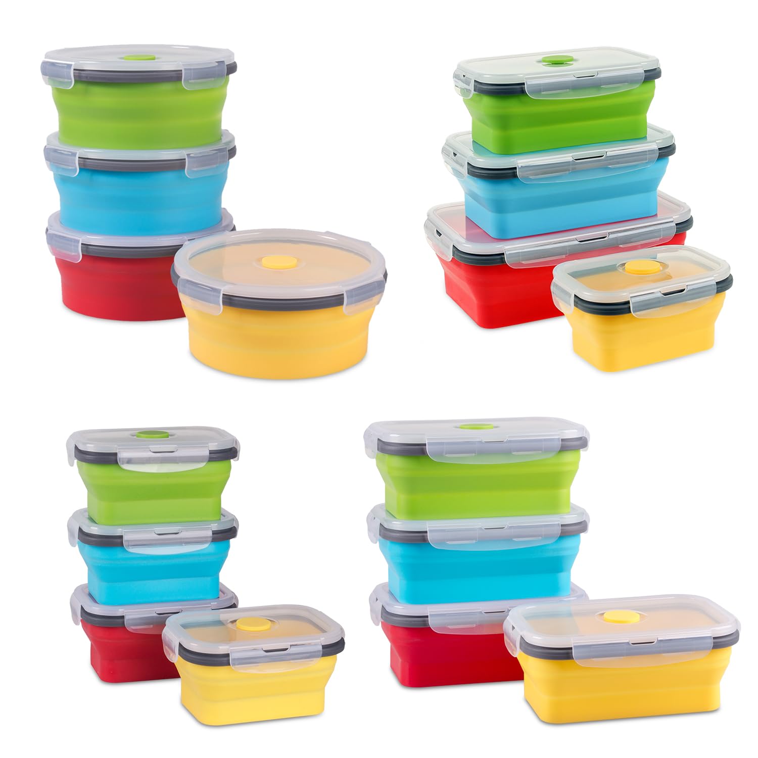 Annaklin Collapsible Food Storage Containers with Lid & Air Vent, Bundle of 16 Pack, Stacking Silicone Collapsible Meal Prep Container Set, Microwave Freezer Dishwasher Safe