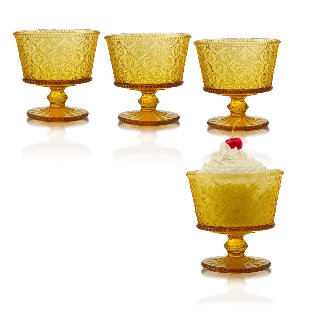 Qualia Glass Cameo Yellow Dessert Bowls Set Of 4 Dishwasher Safe 12 Oz Fruit Bowl with Engraved Flower Lead-Free Glass Serving Bowls For Party Glass