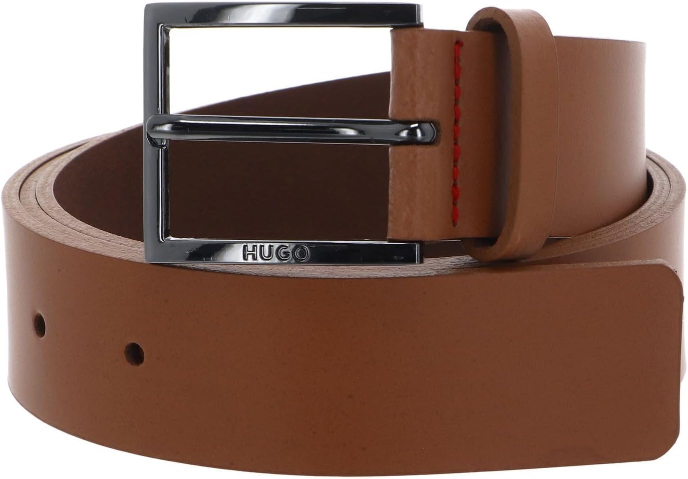 HUGO Men's Geek Sz35 Leather Belt with Red Stitching and Logo Clasp