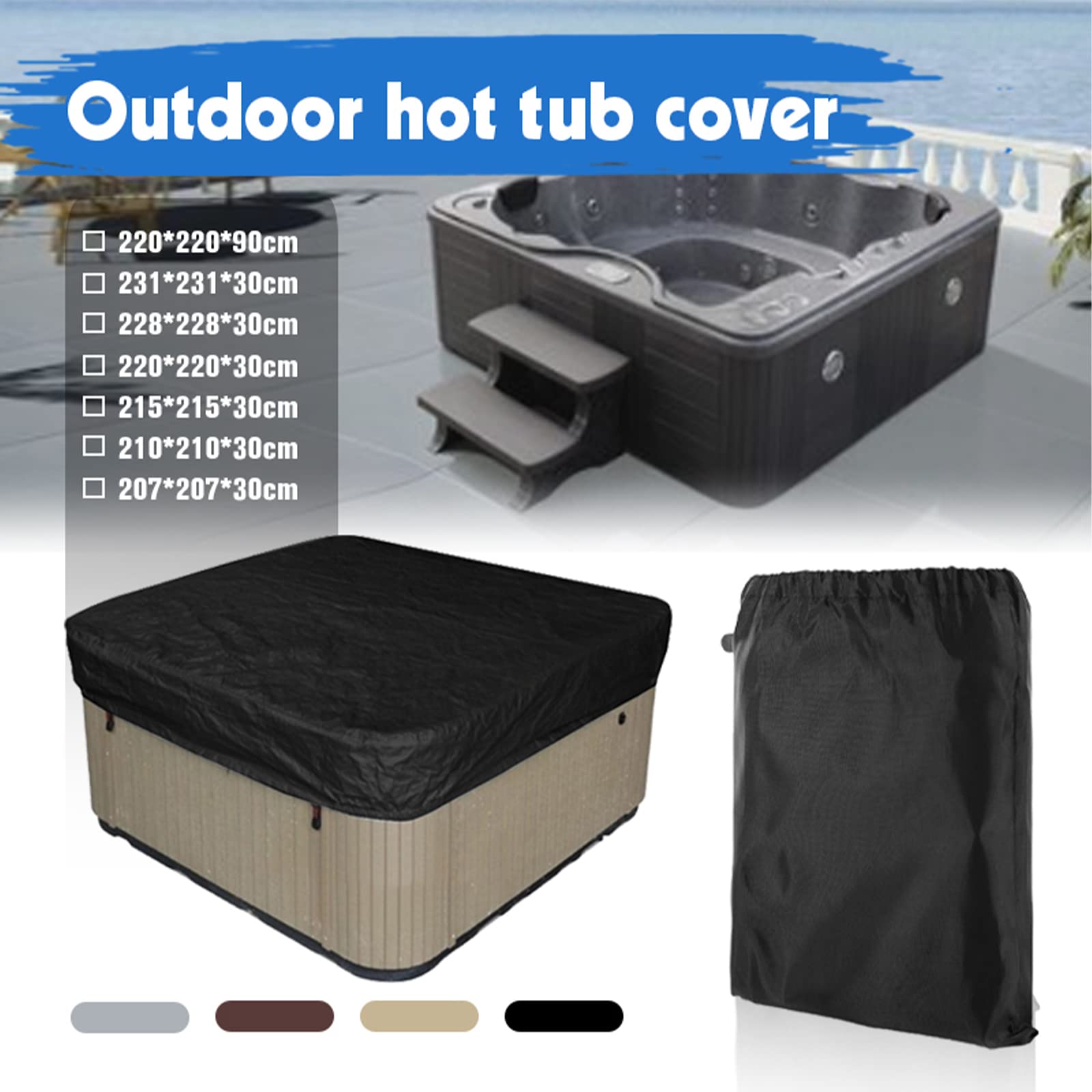 Waterdichte spa Cover Outdoor Square Hot Tub Covers Bath Pool Protective Cover Anti-UV Stofdicht met een opbergtas 7 maten kiezen,Black,210x210x30cm