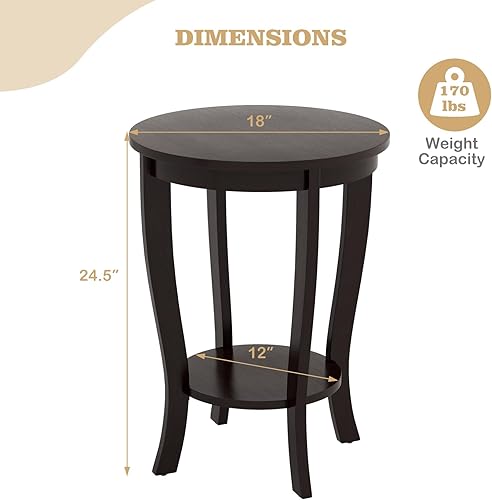 Miniatura 3 de KOTEK Mesa auxiliar redonda de 2 niveles, mesa auxiliar con estante de almacenamiento, mesita de noche moderna con patas de madera de goma maciza,