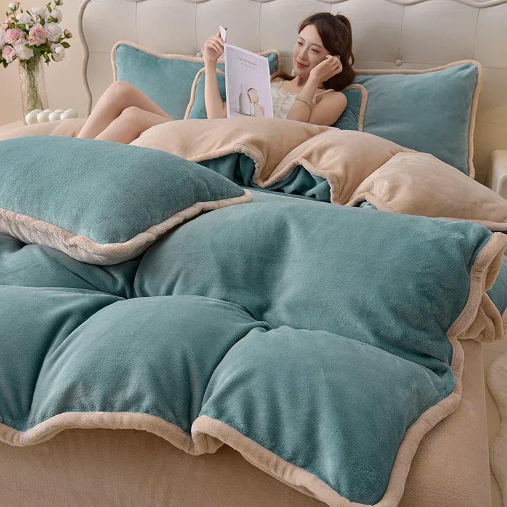 Coperta in Pile di Latte con Copripiumino e Lenzuolo Matrimoniale in Velluto Corallo, Set da 4 Pezzi