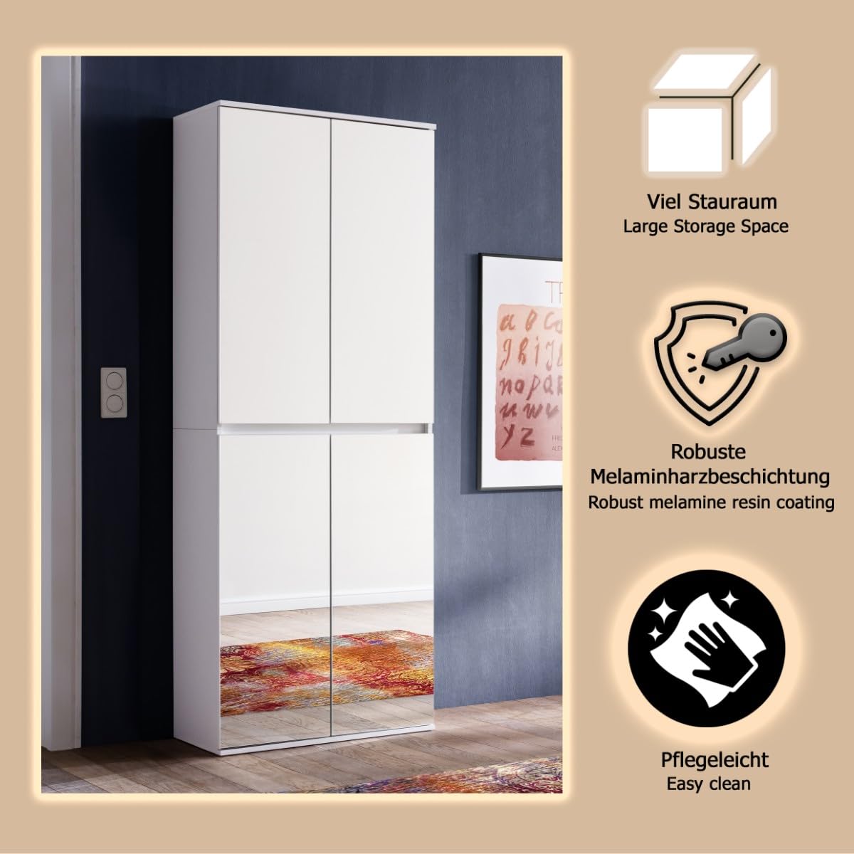 trendteam smart living - Mirror - Garderobenschrank - Weiß - Mehrzweckschrank mit reichlich Stauraum - (BxHxT) 74 x 191 x 34 cm - 1 Kleiderstange und 6 Einlegeböden