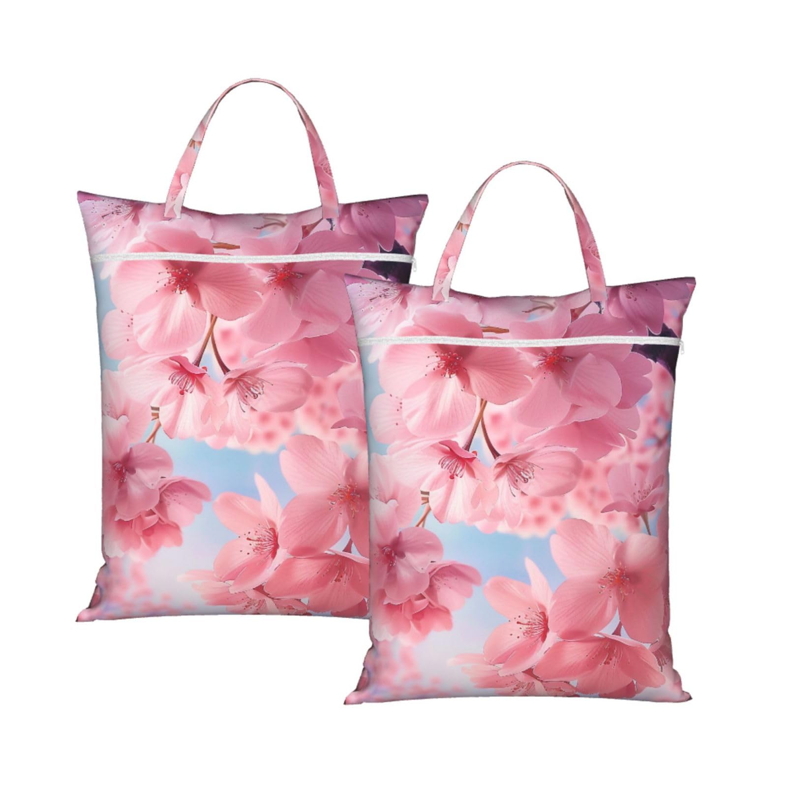 Large Travel Laundry Bags,Pink Cherry Blossoms Print with Handle Foldable Laundry Bag for Holidays Gym Swimming and Family Trips, 2Pcs