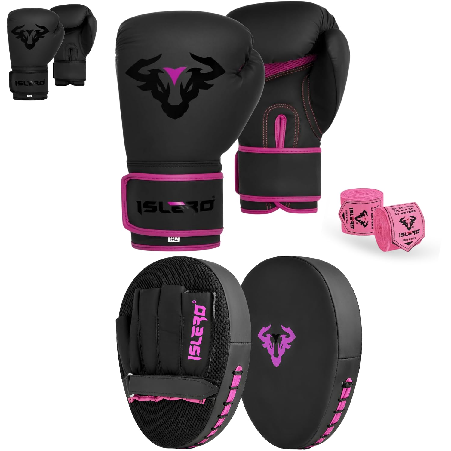 Islero Boxing Gloves And Pads Set Focus Pads Mitts Hook And Jab Hand Target Strike Shield Training Sparring MMA Martial Arts Muay Thai Kickboxing Karate Men Women (Pink, 14 OZ)