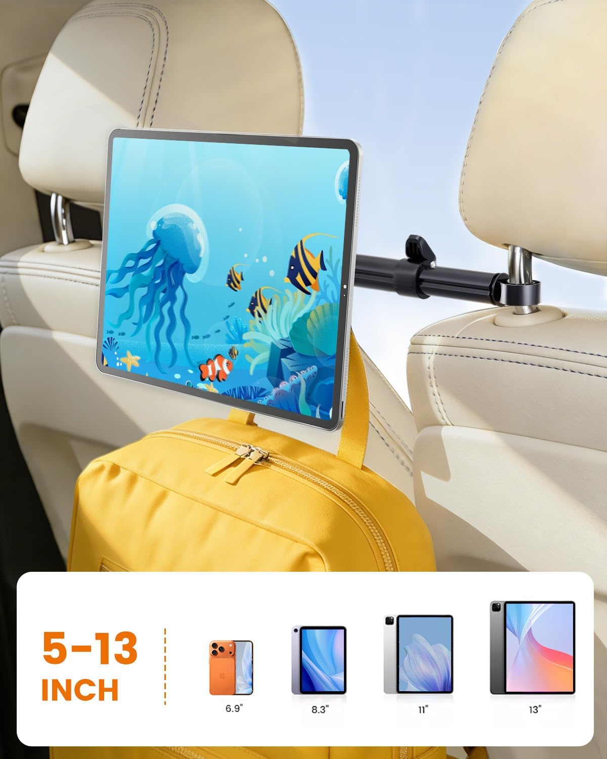 OHLPRO Kfz-Kopfstützen-Tablet-Halterung für Kinder, Roadtrip-Essentials – ausziehbare Aluminiumstange (max. 83,8 cm) für Mittelsicht, 360° drehbar, magnetischer Rücksitzständer, passend für Tablets