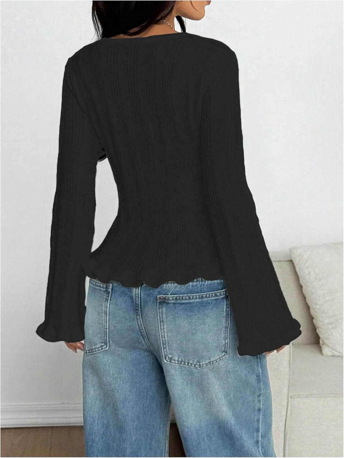 SHENHE Women's Ruffle Cardigan Button Up Crewneck Long Sleeve Fall Knit Y2k Sweater Cardigan - Image 2