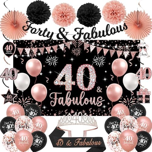 Vlipoeasn 42PCS 40th Birthday Decorations for Women, Black Rose G...