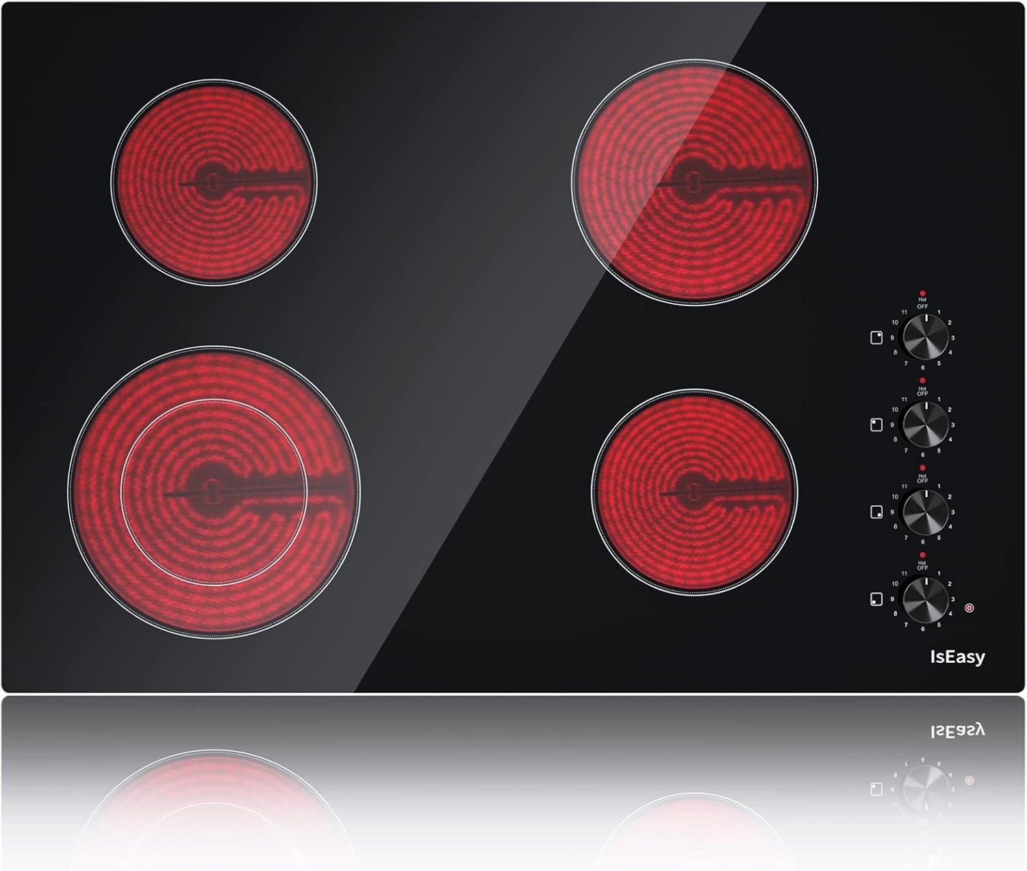 Electric Cooktop 30 Inch, IsEasy 4 Burner Built-In Glass Ceramic Stove Top With Knob Control, 11 Power Levels, Child Safety Lock, Timer, 6700W, 220V