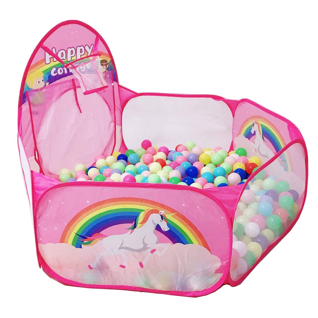 TTLOJ 3pc Kids Play Tent Set, Rainbow Castle Crawl Tunnels and Ball Pit with Basketball Hoop