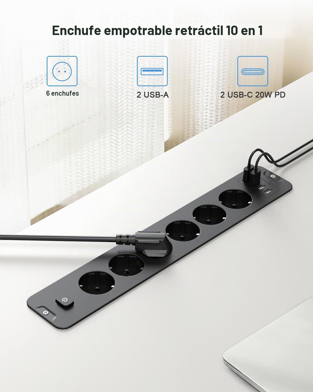 Enchufe empotrado con USB, enchufe de mesa retráctil con 6 enchufes, 4 USB (2 USB C PD 20 W), regleta para escritorio, armario, hogar y oficina (negro)
