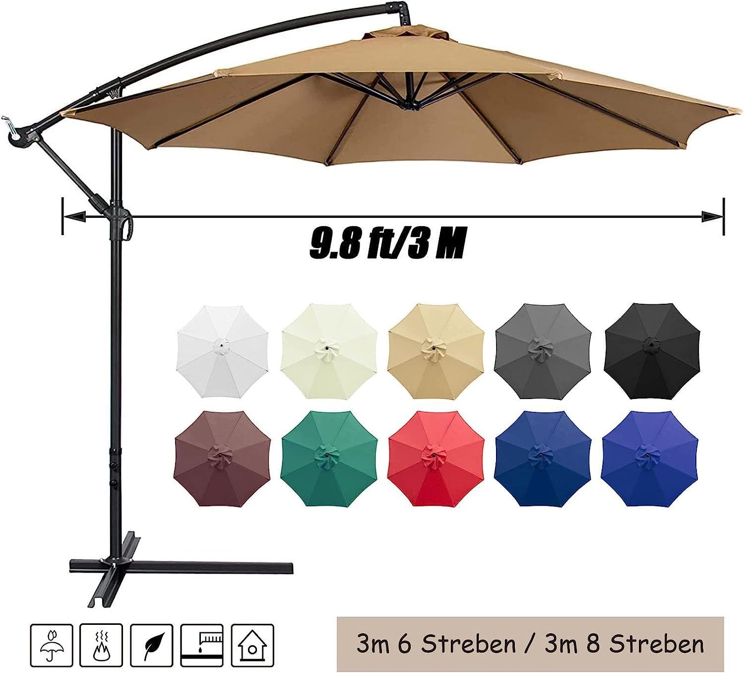 Telo di ricambio per Parassole, Copertura di Sostituzione per Ombrellone a 3m 6/8 Stecche, Tessuto in Poliestere anti-ultravioletto e Impermeabile, Solo Tettoia,Grey-8 Streben