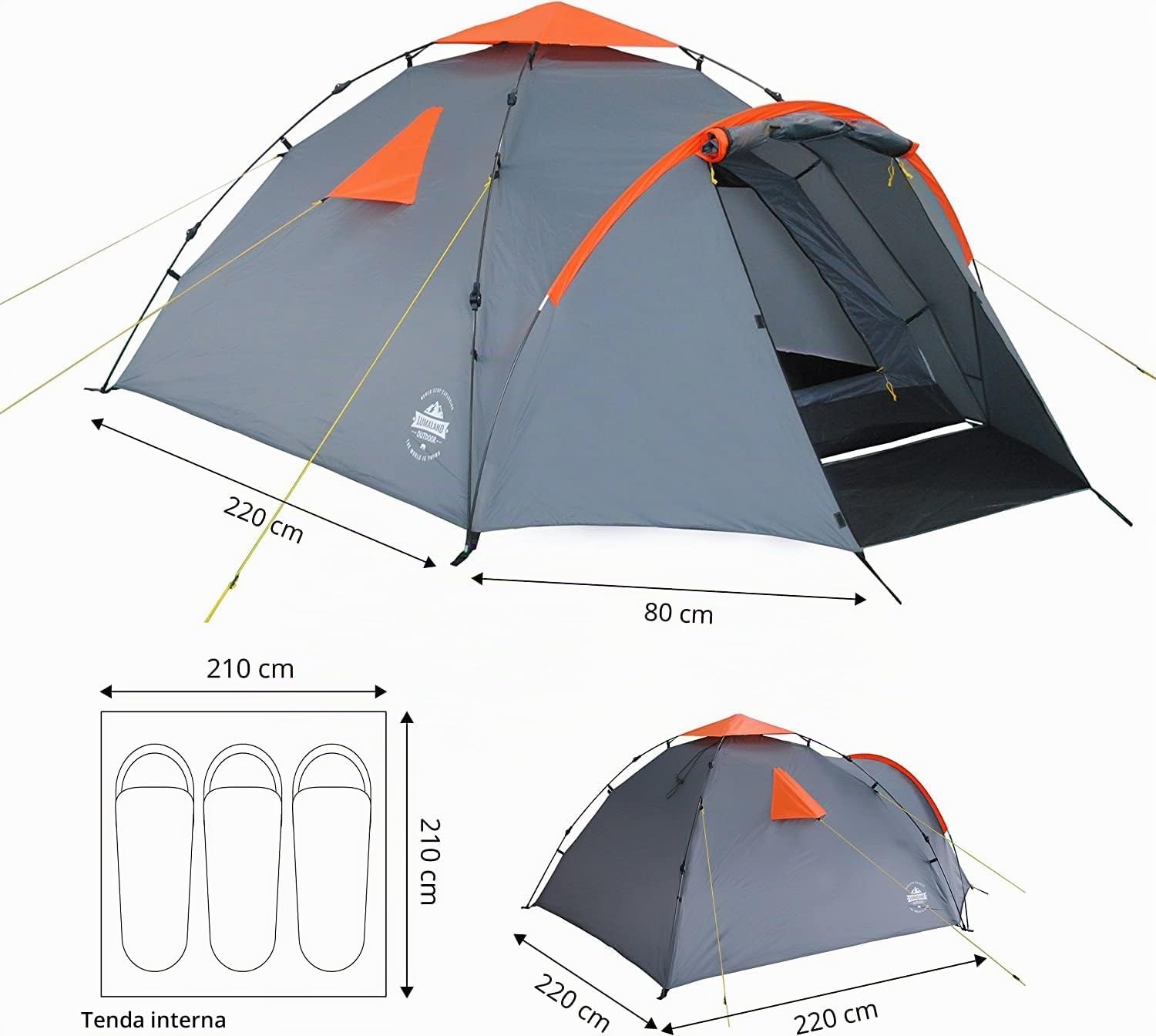 Lumaland Tenda Da Campeggio | 3-4 Person Family Tenda | Interne 210x210x120 cm | Impermeabile & antivento | Ideale come campeggio, festival e tenda da viaggio | Ultraleggero & robusto [Grigio]