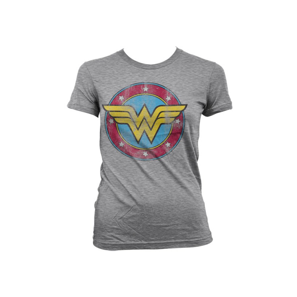 Officially Licensed Merchandise Wonder Woman Distressed Logo Girly Tee (H.Grey), Medium
