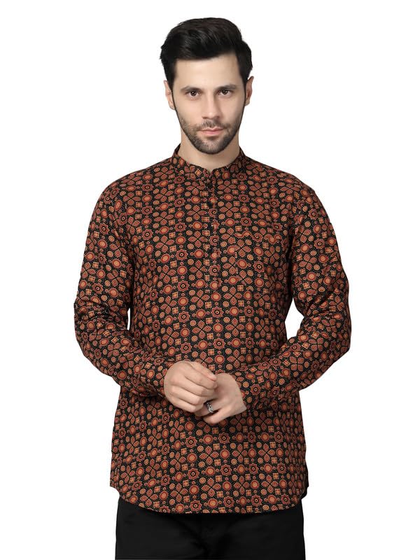 Image of Vastraa Fusion Men's Handloom Weaving Pure Cotton Short Kurta, Round Collar, Full Sleeves,Button Kurta, Ethnic Wear