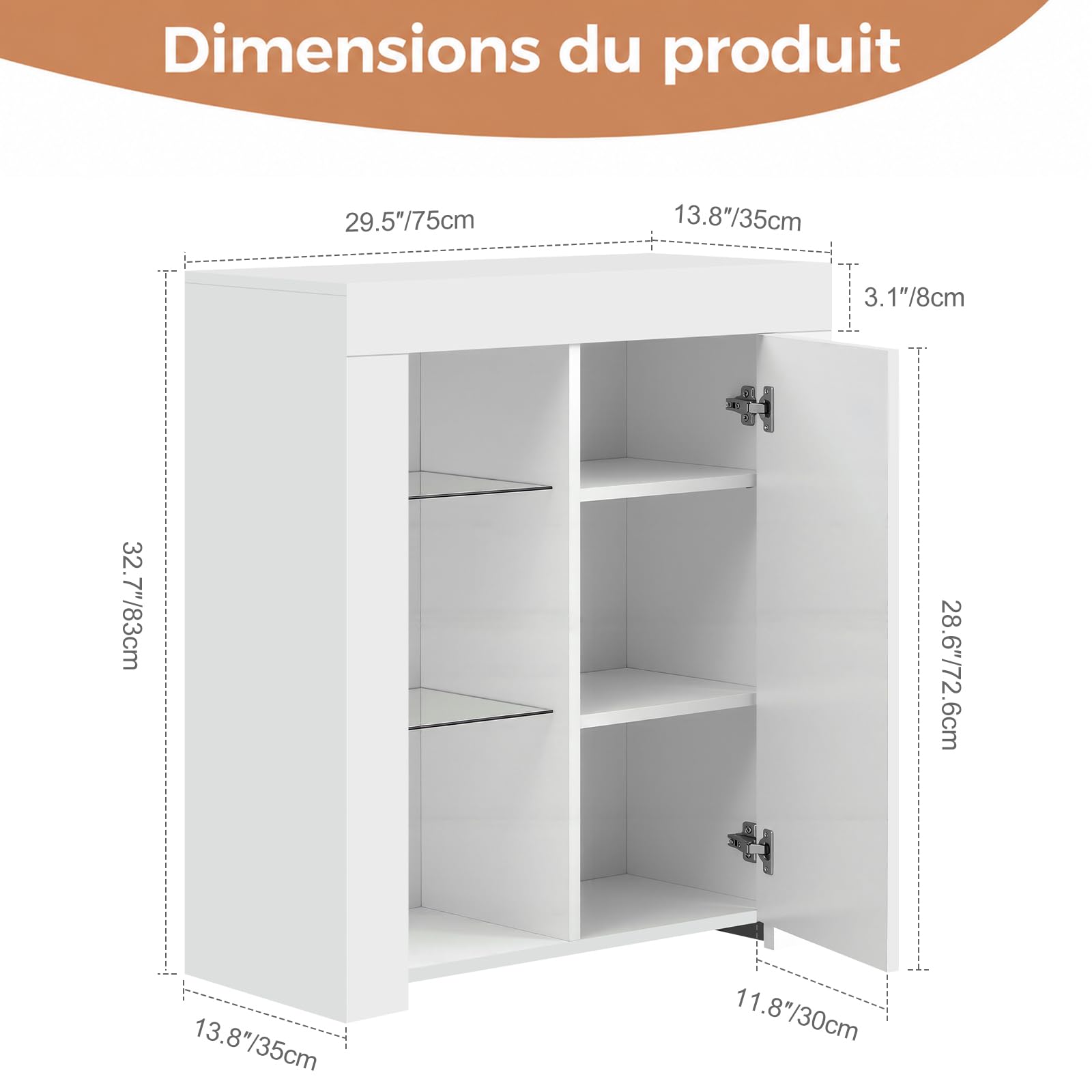 Panana Commode de Eclairage LED, Buffets, Meuble de Rangement sur Salon, Chambre, 75 x 35 x 83 cm (Blanc)