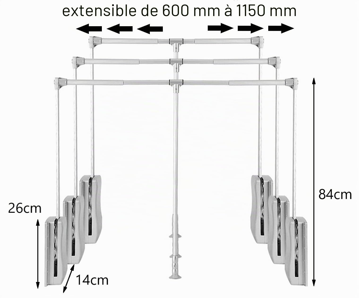 Gedotec Porte-manteau Réglable | Go Up | Tringle à vêtements réglable en largeur 930-1250 mm | 1 Pièce Tringle à vêtements pliable | Noir | Ventilateur de penderie pliable | Wardrobelift