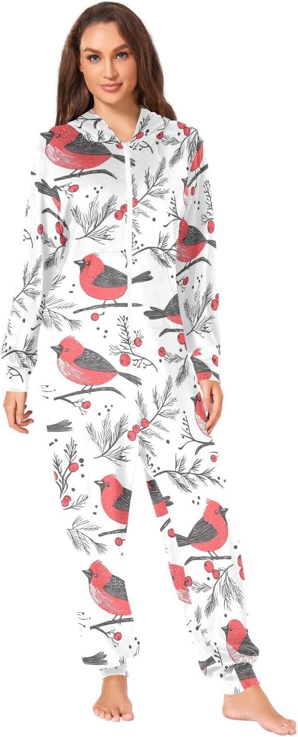 ZZKKO Cartoon Red Birds Holly Flower Adult Onesie Pajamas for Women Men Cozy One Piece Pajamas Costume Zip-Up Hooded S-XL