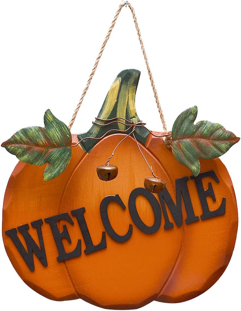 Wood Pumpkin Welcome Sign Fall Front Door Decor, Rustic Hanging Welcome Door Sign for Autumn Harvest Thanksgiving Halloween Door Wall Decoration Indoor Outdoor Fall Decor for Home 9.75"X9.5"