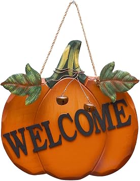 Wood Pumpkin Welcome Sign Fall Front Door Decor, Rustic Hanging Welcome Door Sign for Autumn Harvest Thanksgiving Halloween Door Wall Decoration Indoor Outdoor Fall Decor for Home 9.75"X9.5"