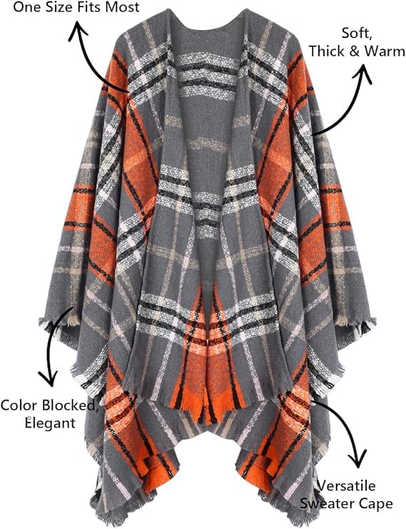 Image of LittleMax Shawls and Wraps for Women, Knit Open Front Boho Cardigan Plaid Shawl Cape, Orange Brown