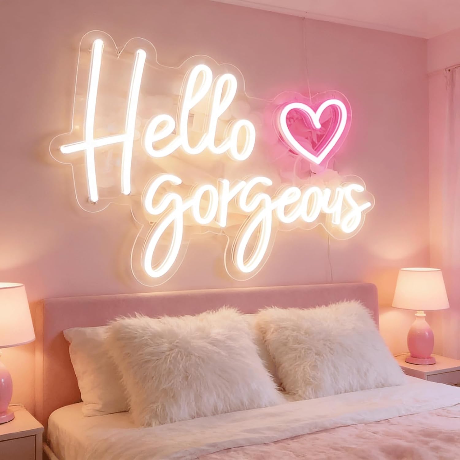 Hello Gorgeous Neon Light for Wall Decor, Pink USB Powered LED Sign with Dimmable Switch, Neon Sign for Home, Wedding, Birthday Backdrop, Party (Warm White)