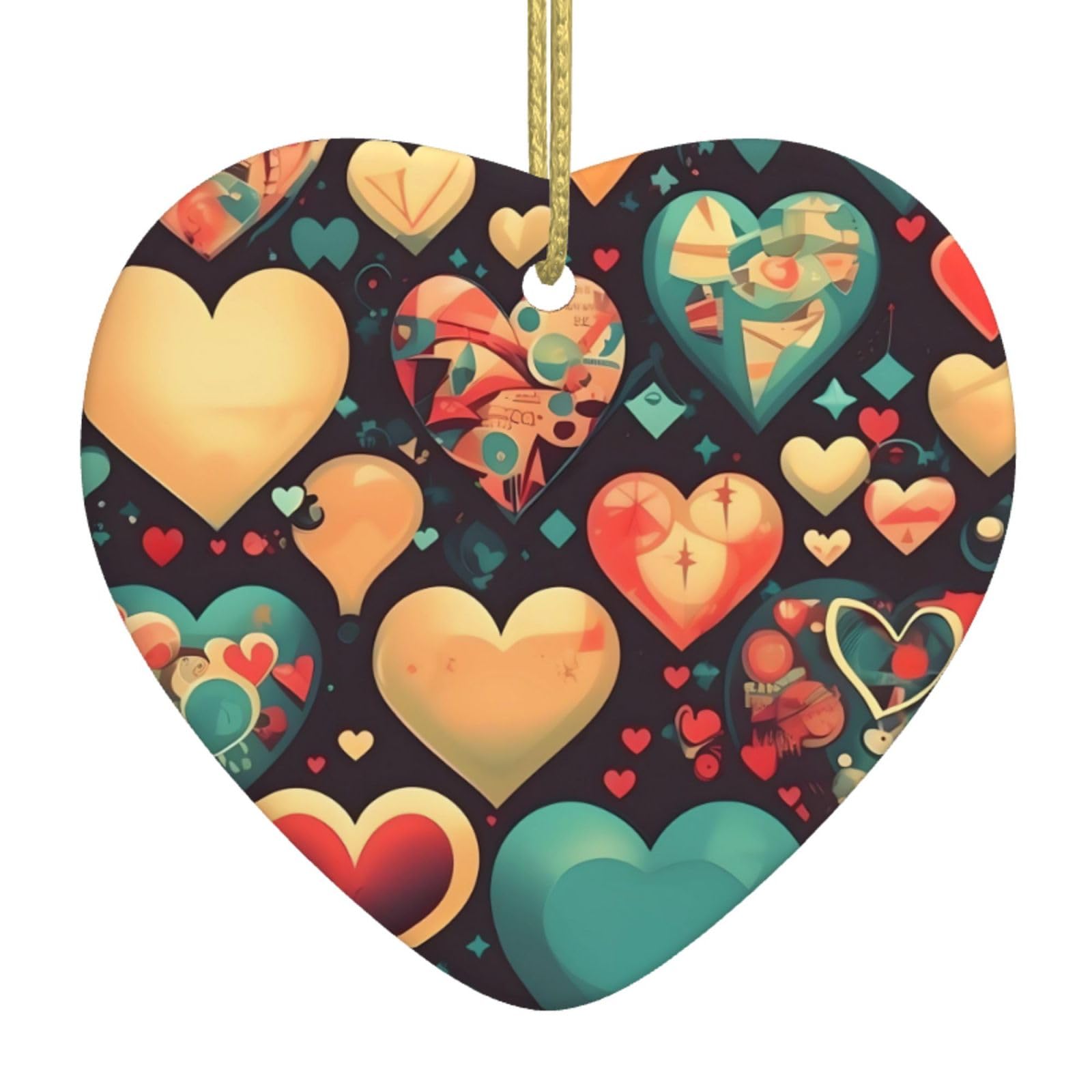 Colorful Hearts Ceramic Christmas Heart Pendant with Silk Thread, Christmas Tree Home Decoration