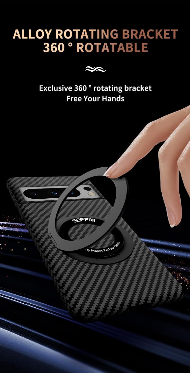 Magnetic Case for Google Pixel 7 Case with Kickstand & Ring Holder, [Compatible with MagSafe] Carbon Fiber Slim Ultra Aramid Fiber Anti-Scratch Shockproof Case, Black