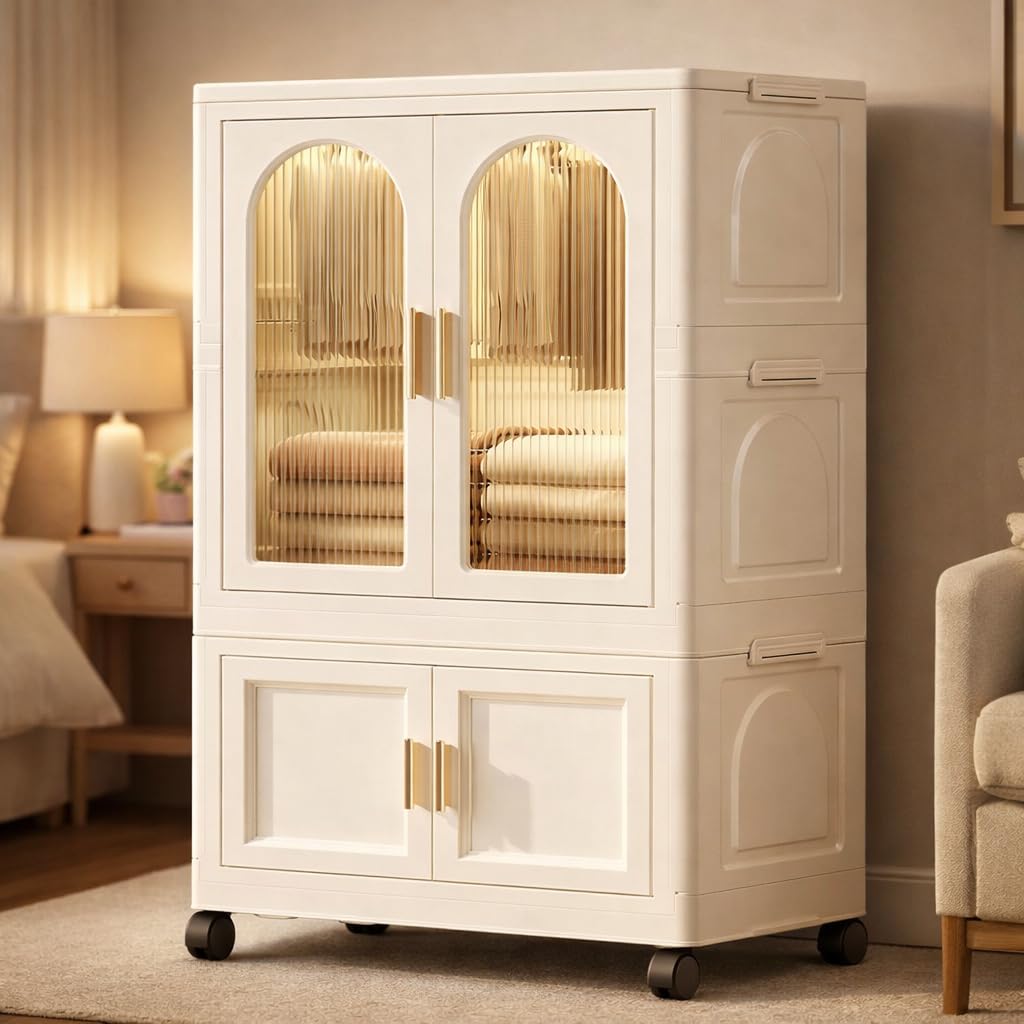 Owme Collapsible Plastic Wardrobe for Unisex | 1+1 Tier Multi-Layer Storage Cabinet with Doors & Drawers | Portable Clothes Organizer for Bedroom, Kids Room, Nursery, Home Closet - Beige
