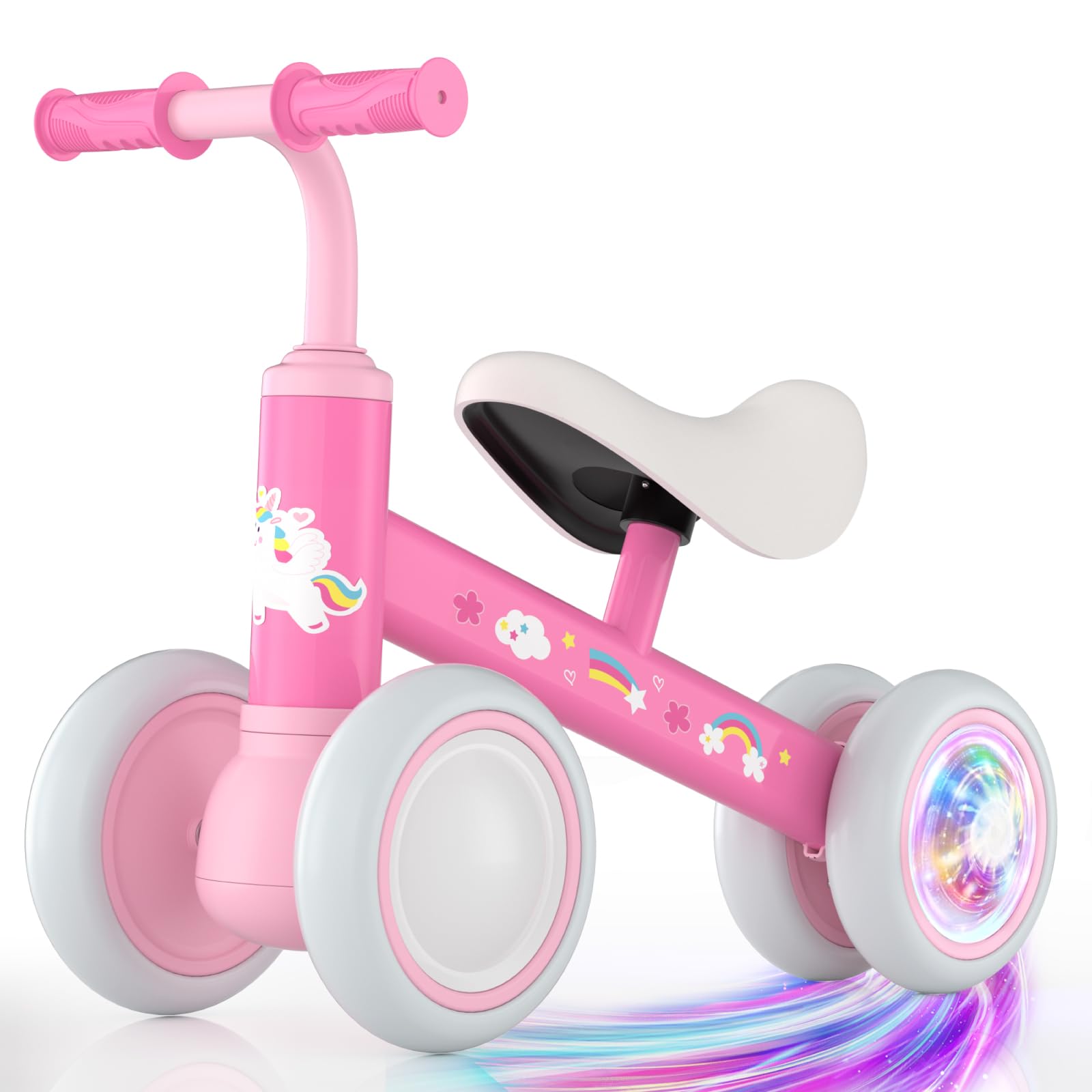 Lilian&Gema Colorful Lighting Baby Balance Bike for 1 Year Old Boys Girls, 12-24 Months Toddler Balance Bike, No Pedal 4 Wheels Bike with Soft Seat, Toddler First Bike, 1st Birthday Gifts