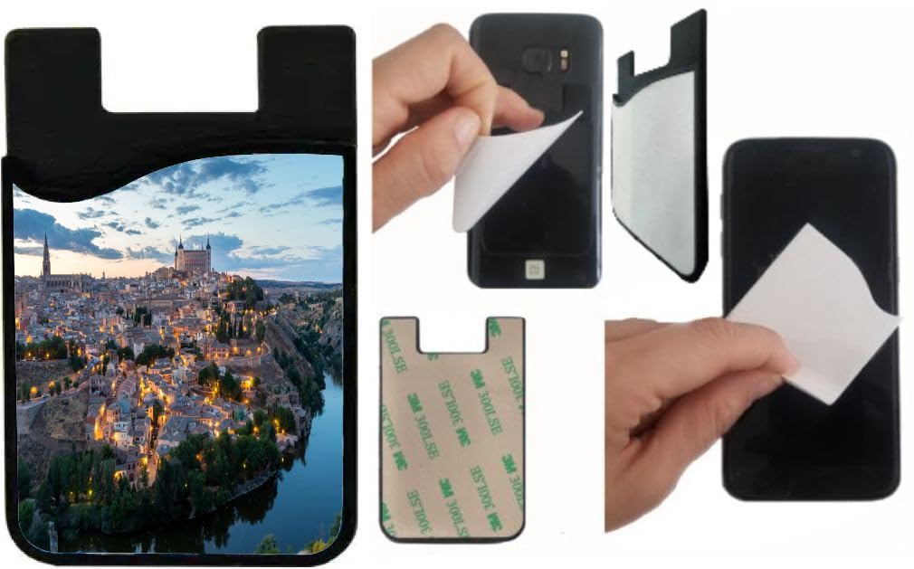 Island Gifting Neoprene Stick-on ID Card Holder for iPhone/Galaxy/Google Android Cases Toledo Dusk at Spain - Spanish Landmark, cell-sleeve-mas-795