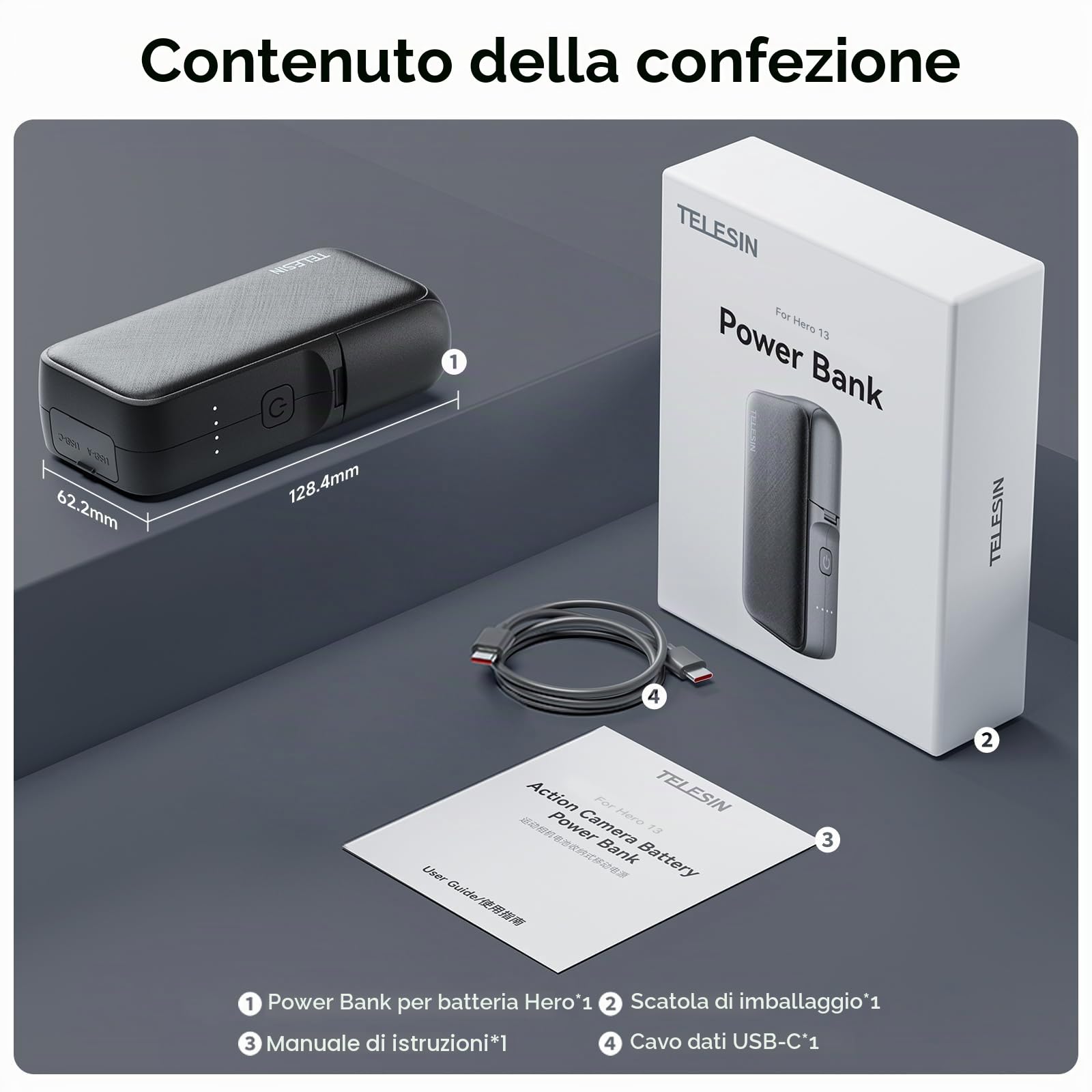 TELESIN 10000mAh Caricabatterie Power Bank per Go Pro Hero 13, Dual Slot Caricatore Rapido per GoPro Hero 13, Multifunzione Portatile Power Bank Caricabatterie Completamente compatibile con GoPro Hero | Viaggio/outdoor, 10000mAh e doppio slot ricarica, st