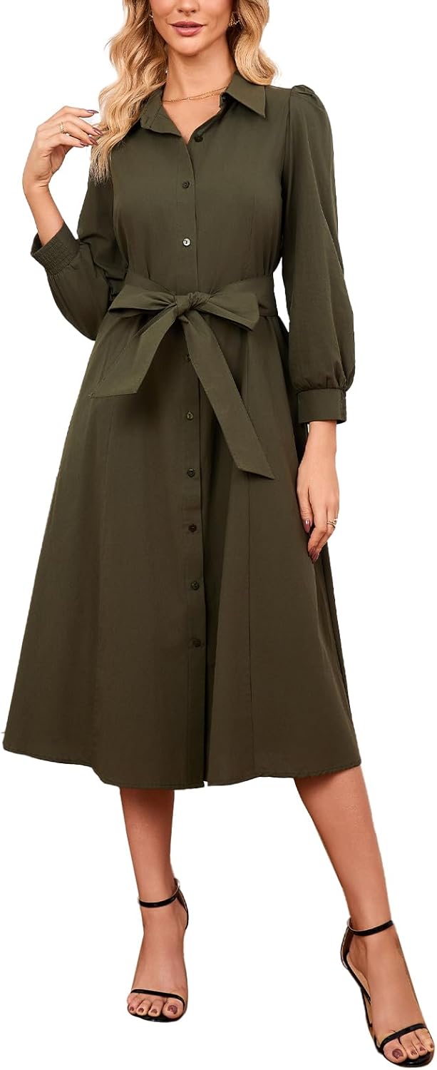 Ladyful Women's Long Sleeve Cotton Midi Shirt Dress Button Down Belted Casual A-line Flowy Tie-Waist Collared Dresses