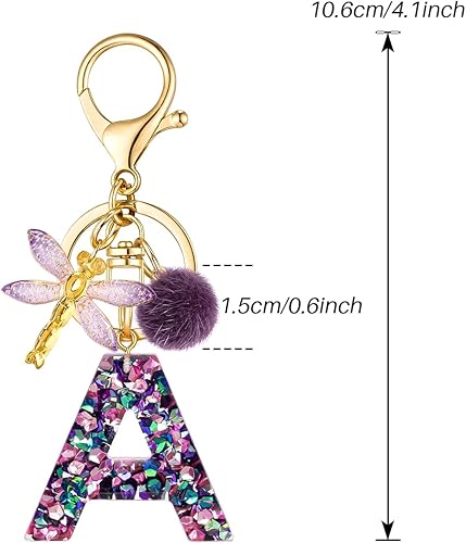 Miniatura 4 de SELOVO Llavero de libélula morada con letra inicial mayúscula para mujeres y niñas