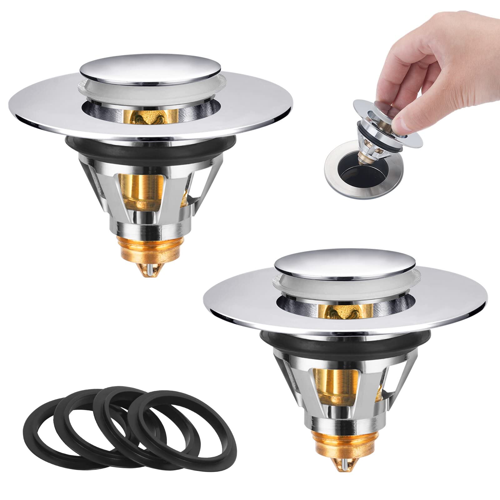 Ainiv 2Pack Pop-up Sink Plugs with 4 Seals, Universal Sink Strainer for Bathroom 34-38mm, Push-Type Bounce core Strainer Drain Protector, Hair/Ring Trap Catch Catcher, Bullet Core Push Type Filter