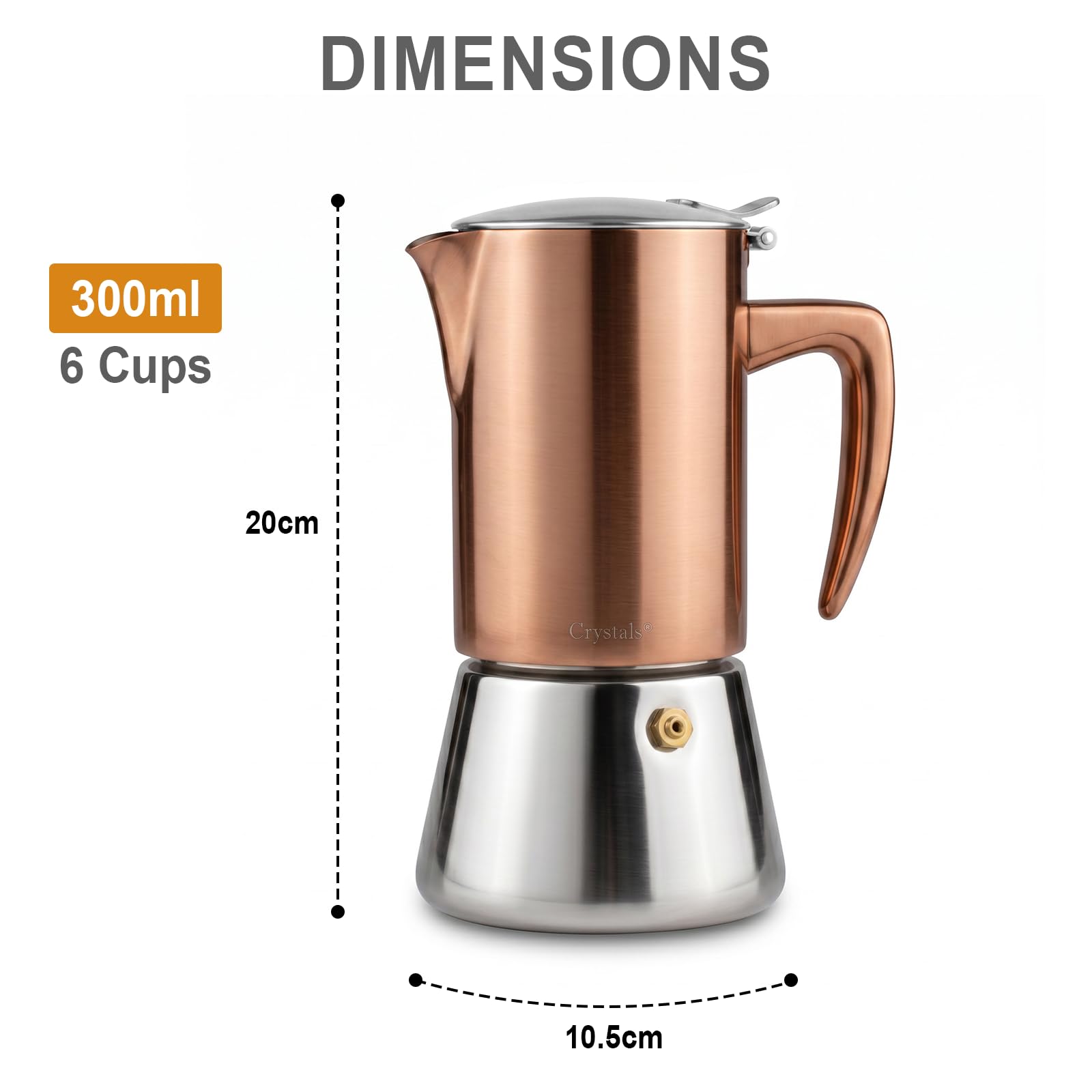 Crystals Cafetera espresso de acero inoxidable con acabado de cobre, olla Moka de 6 tazas (300 ml), cafetera italiana para inducción, cocinas de gas y eléctricas, percolador de espresso con válvula de