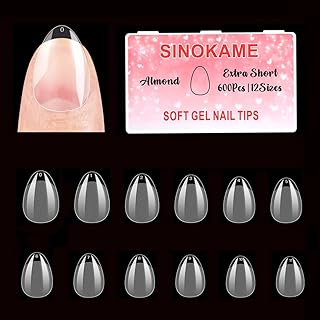 SINOKAME Extra Short Almond Soft Gel Nail Tips, Improved Edition XS Small Almond Full Cover Pre-etched Nail Tips for Tiny Small Baby &Average Nail Beds, Soak Off Nail Extensions & Clear Press on Nails Fake Nails, Clear 12 Sizes 600 Pcs
