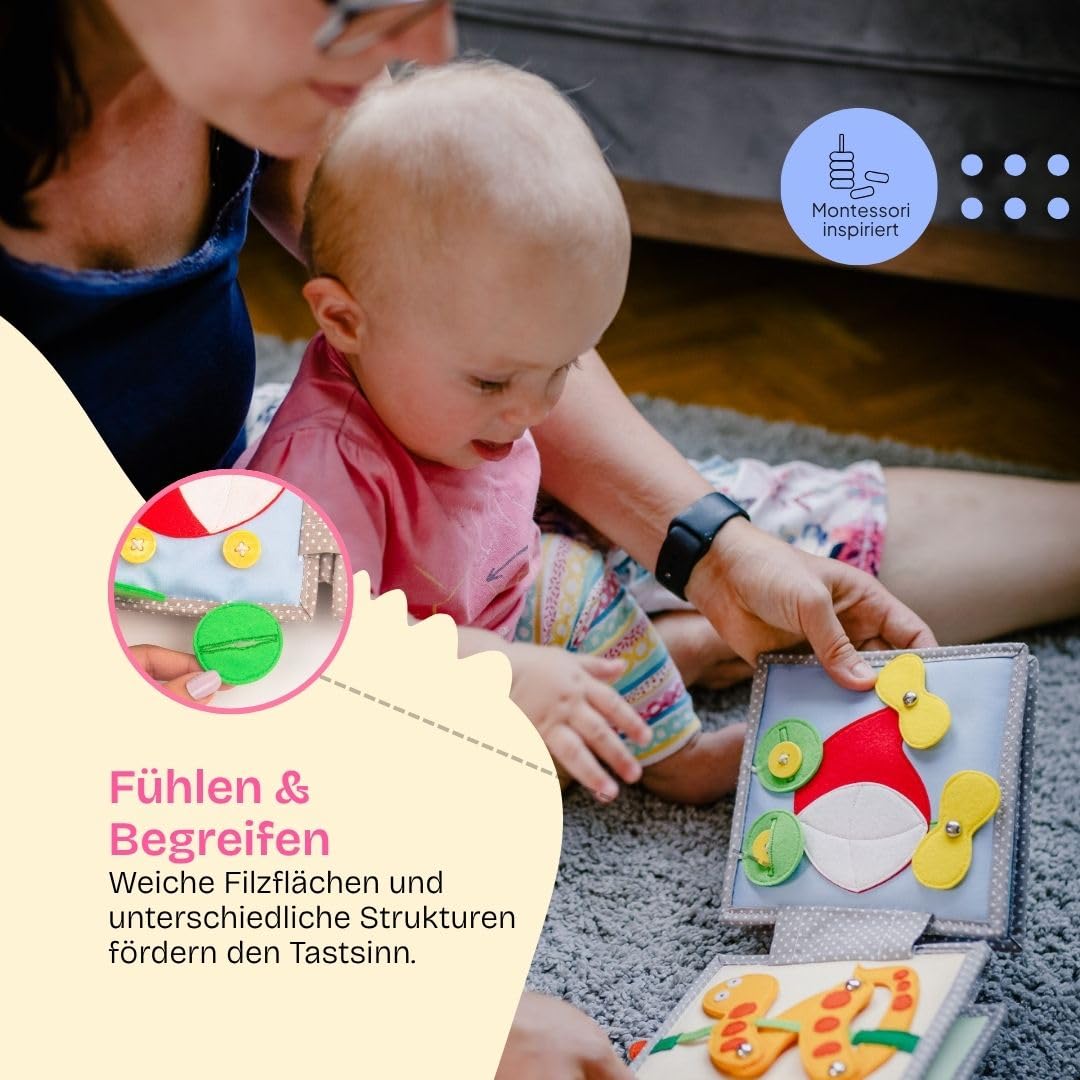 Jolly Designs – Mini Quiet Book Peek-a-Boo – Montessori Spielzeug ab 6 Monaten – Motorik & Sinneswahrnehmung fördern – Stoffbuch für Babys – Handgefertigtes Filzbuch – Perfekt für unterwegs & Reisen