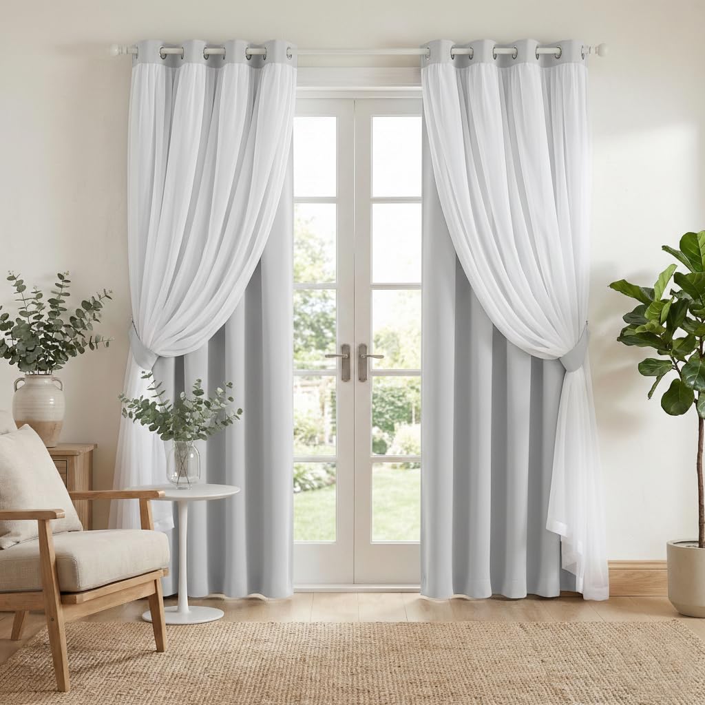 PONY DANCE 2 Layers Curtains Set, 52" Wide and 72" Long, Greyish White