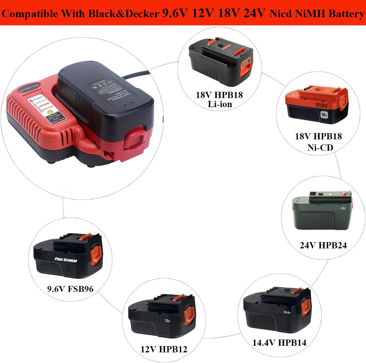 HPB18 18Volts Charger BDFC240 Replacement for Black and Decker 18V 14.4V 12V 9.6V 24V NiCD NiMH Battery HPB18-OPE HPB14 HPB12 HPB96 HPB24 Battery Charger